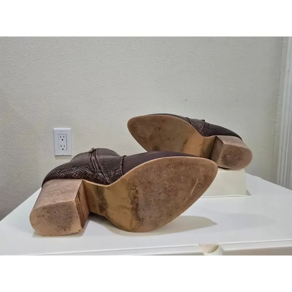 TINSTREE Snakeskin Ankle Boots Size 7 Chunky Heel Western Rust Brown Boho